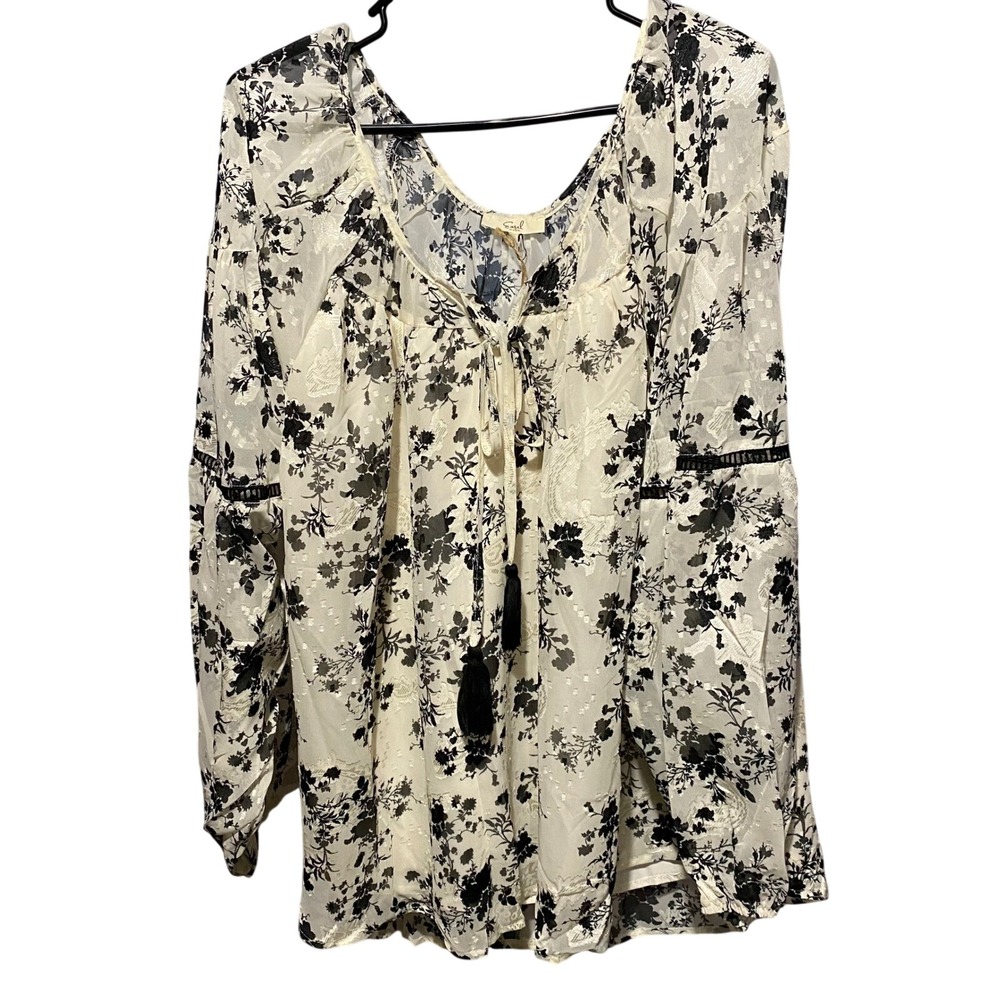 Easel Los Angeles 2X Cream Black Floral Long Sleeve Tassel Tie Blouse‎ Boho Chic